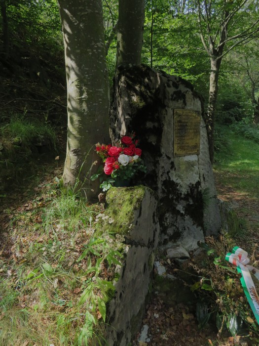 Monumento della fossa comune con fiori rossi, immerso nella vegetazione e circondato da alberi.