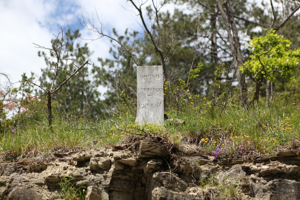 Lapide antica su un rilievo, circondata da natura, dedicata a Neri e Bellenghi.