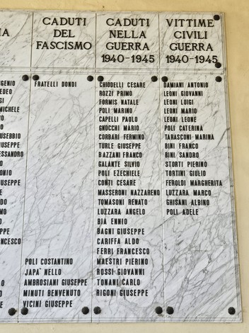 Lapide commemorativa dedicata ai caduti delle guerre, con nomi incisi in memoria dei soldati e delle vittime.