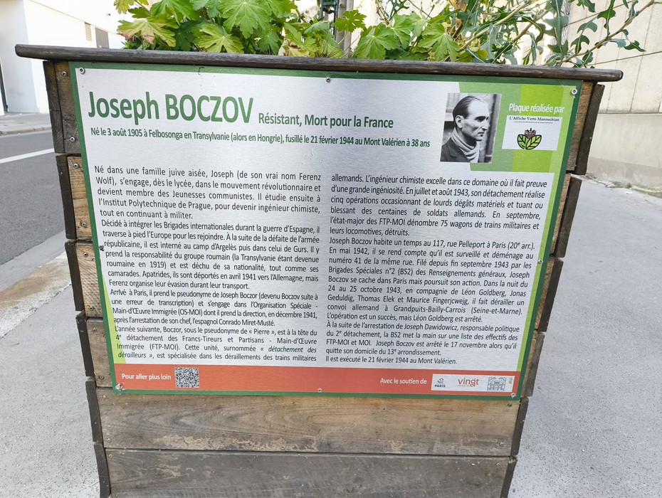 Targa commemorativa dedicata a Joseph Boczov, resistente e martire per la Francia durante la Seconda Guerra Mondiale.