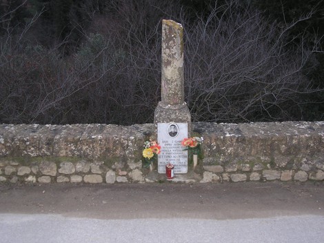 Cippo commemorativo ad Agostini, adornato con fiori e lumini, immerso nella natura circostante.