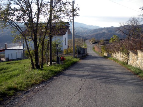 Panorama di Canevari con strada asfaltata, case rurali e vegetazione che si estende verso le colline circostanti.