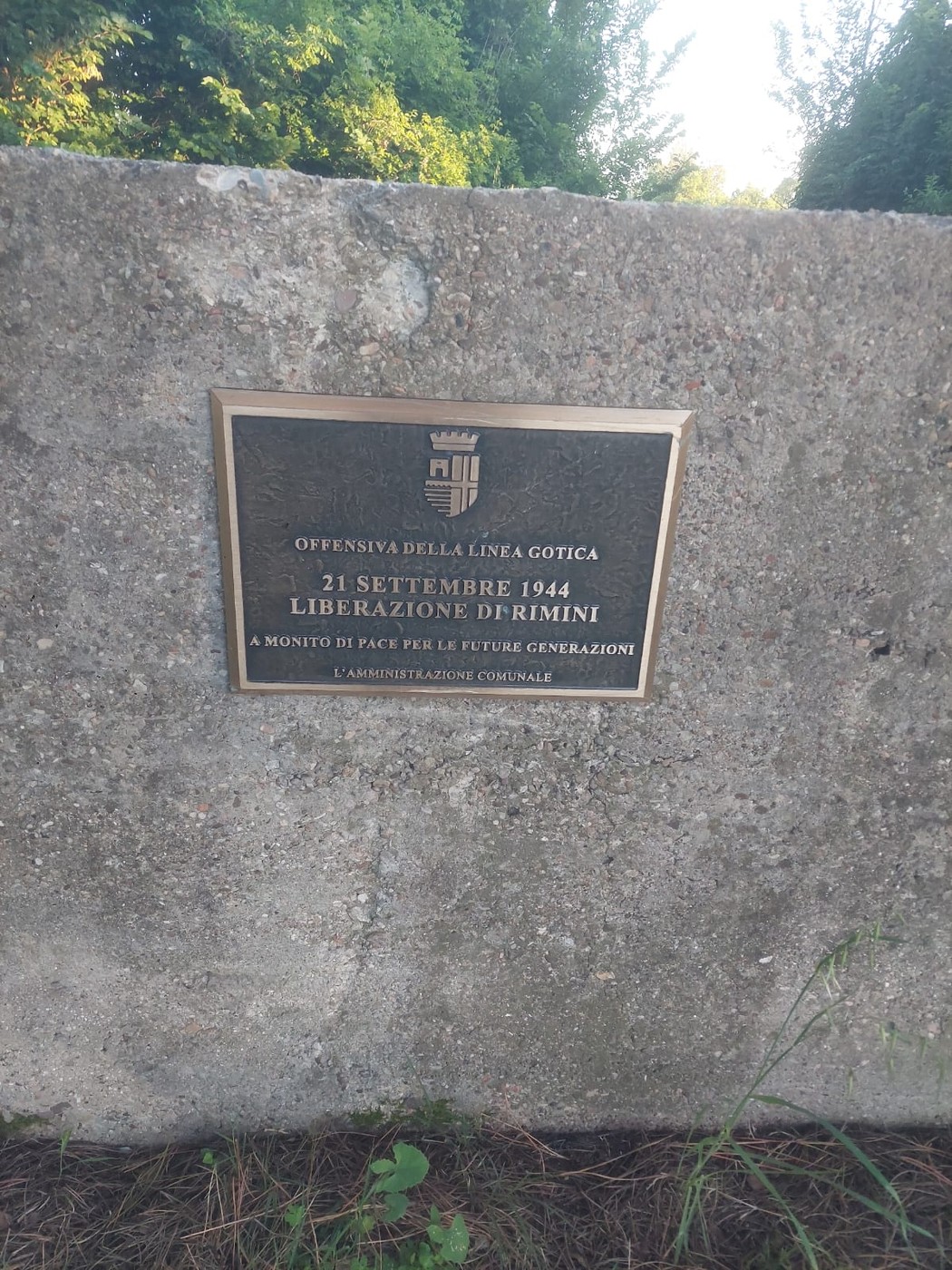 Targa commemorativa dell'offensiva sulla Linea Gotica, 21 settembre 1944, a Rimini, per la libertà e la pace.