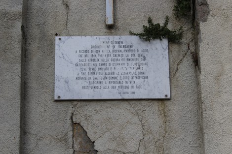 Lapide commemorativa dedicata a Ricchini, situata su una parete e circondata da vegetazione.