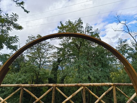 Vista panoramica dal "Percorso per Fornasini", immerso nella natura con alberi e cielo nuvoloso.