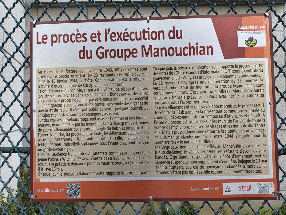Targa commemorativa del Gruppo Manouchian, dedicata alla resistenza e al sacrificio dei partigiani.