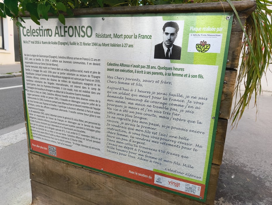 Targa commemorativa di Celestino Alfonso, partigiano morto per la Francia durante la Resistenza.