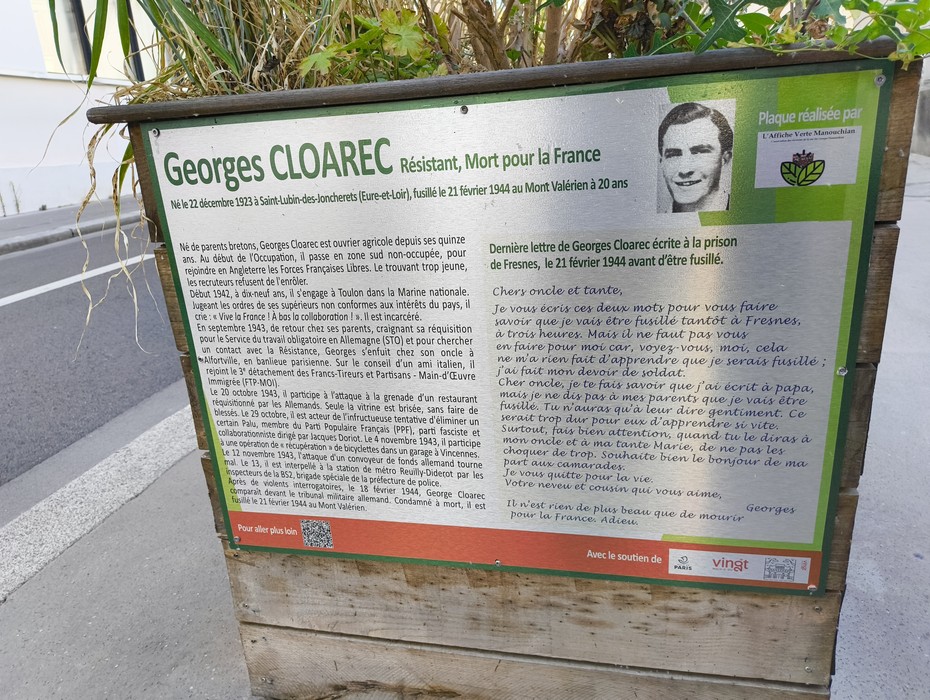 Targa commemorativa di Georges Cloarec, resistente francese, ucciso il 12 febbraio 1944. Ricordo della sua eroica lotta.