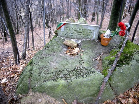 Lapide commemorativa a Braghin e Acquadro, situata in un bosco, con fiori e un vaso, ricorda eventi storici locali.