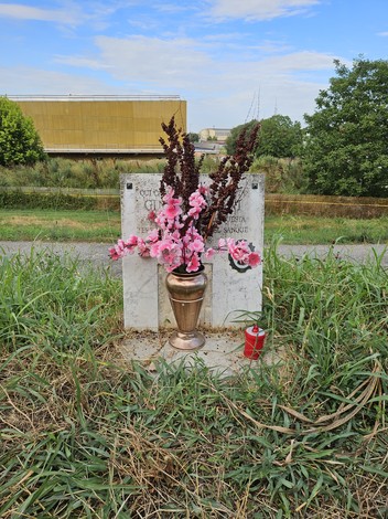 Cippo commemorativo con fiori e candele, circondato da erba e vegetazione, in una strada di Avigni.