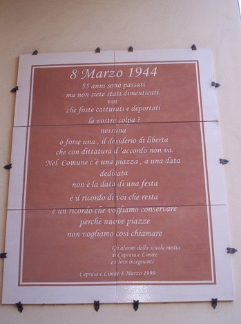 Lapide commemorativa che ricorda gli eventi del 8 marzo 1944 a Caprara e Lemitë.