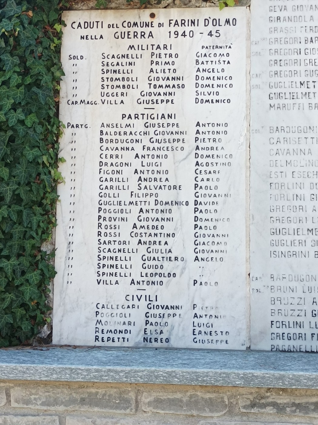 Monumento ai caduti, con nomi di militari e civili in memoria degli eventi bellici dal 1940 al 1945.